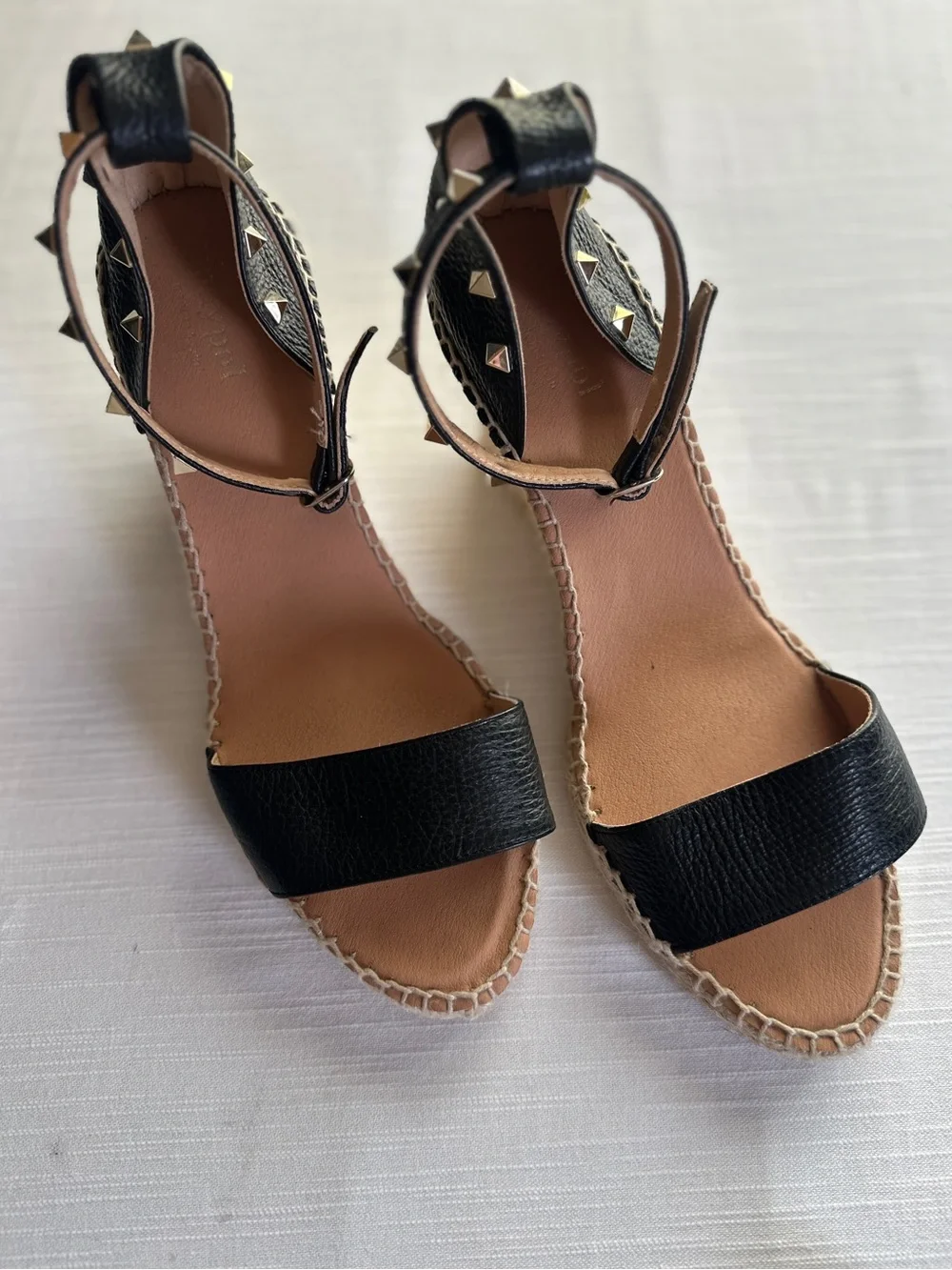 Maypol Black Pebbled Leather Studded Espadrille Wedge Sandals NWOB 42